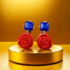 【SUGEBEINI】 Retro contrasting rose ear clips, blue gemstone square diamond-encrusted earrings, French court style exaggerated artistic earrings ZEH00003 details Picture